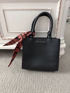 Dana Buchman Black Pebbled Leather Top-Handle Satchel with Rust Scarf Accent